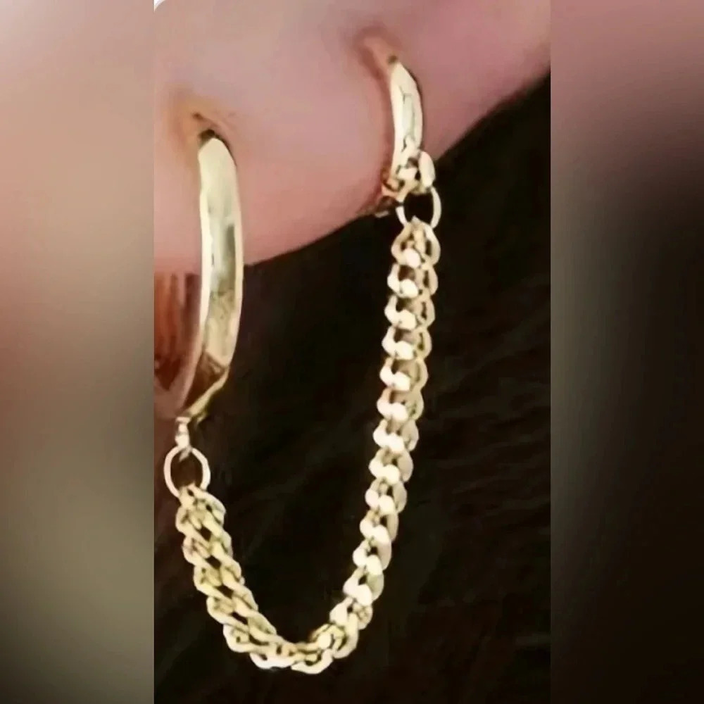 DOUBLE hoop double chain earring gold tone
